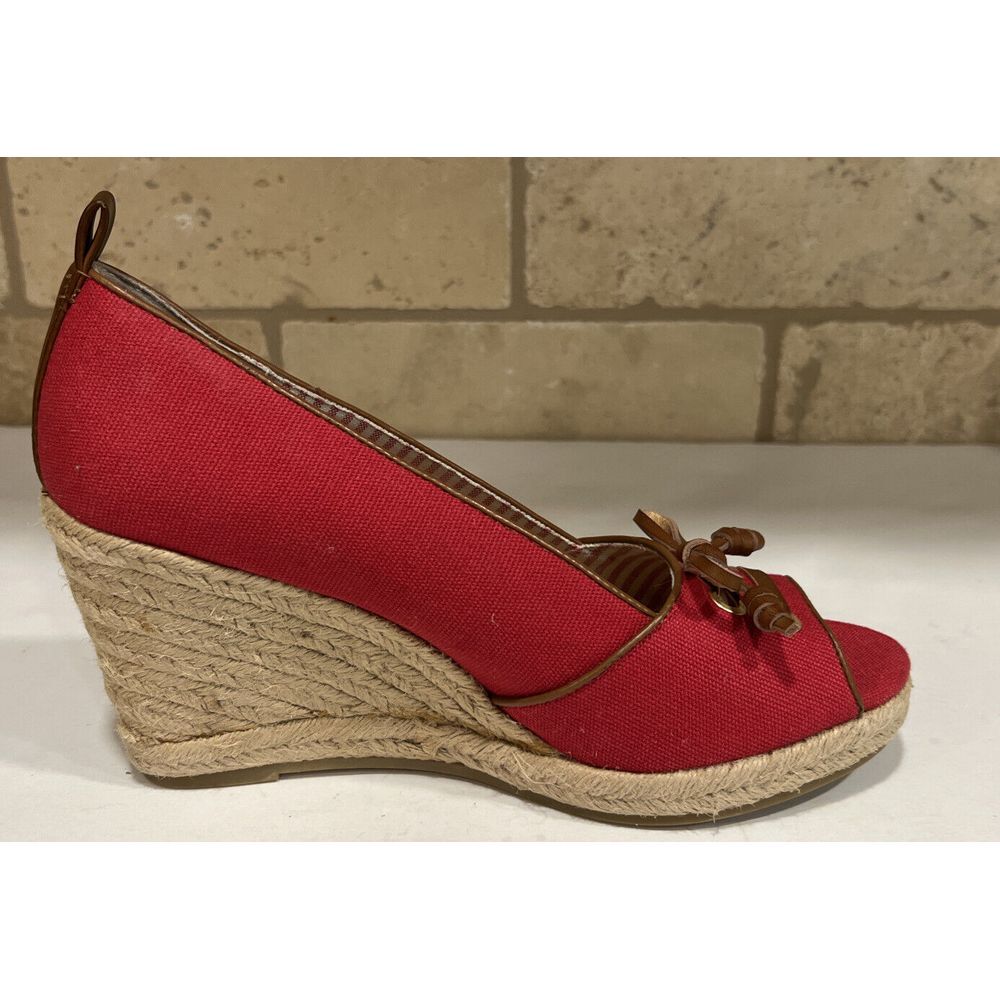 GH Bass Annie Slip On Peep Wedge Espadrille Shoes Red Canvas Leather Bow 7.5